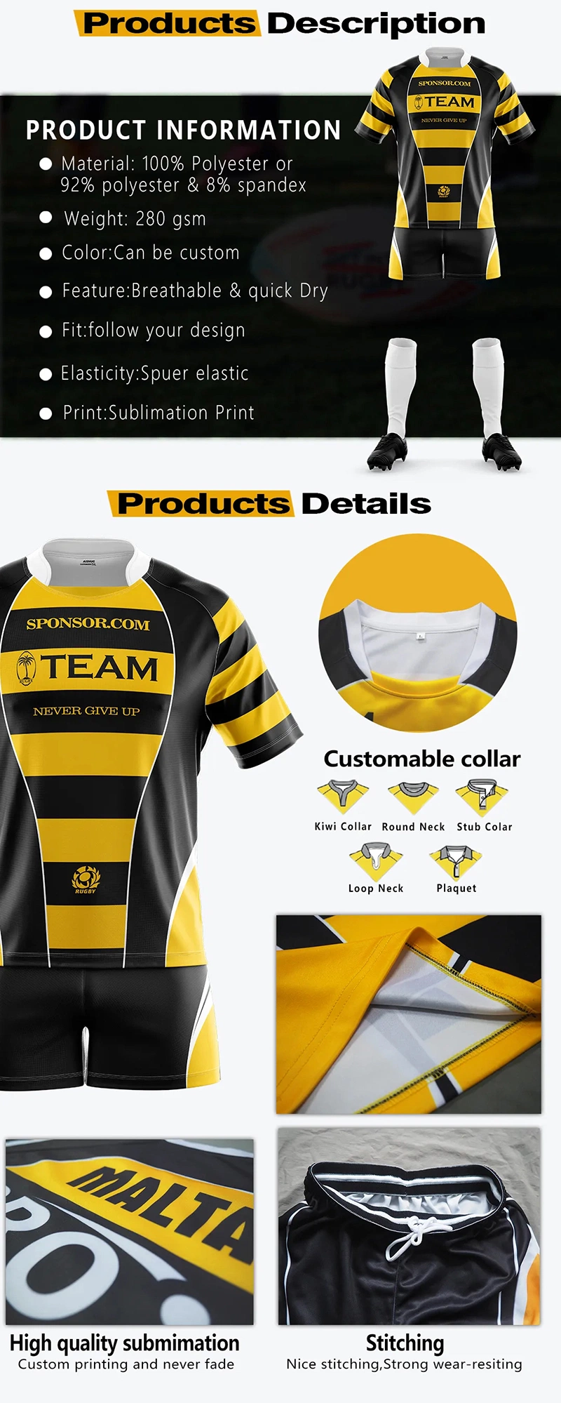 Custom Sublimation 100% Polyester Cheap Rugby Shirt Rugby Jersey Rugby Uniform Rugby Team Wear Rugby Kits Rugby Wear